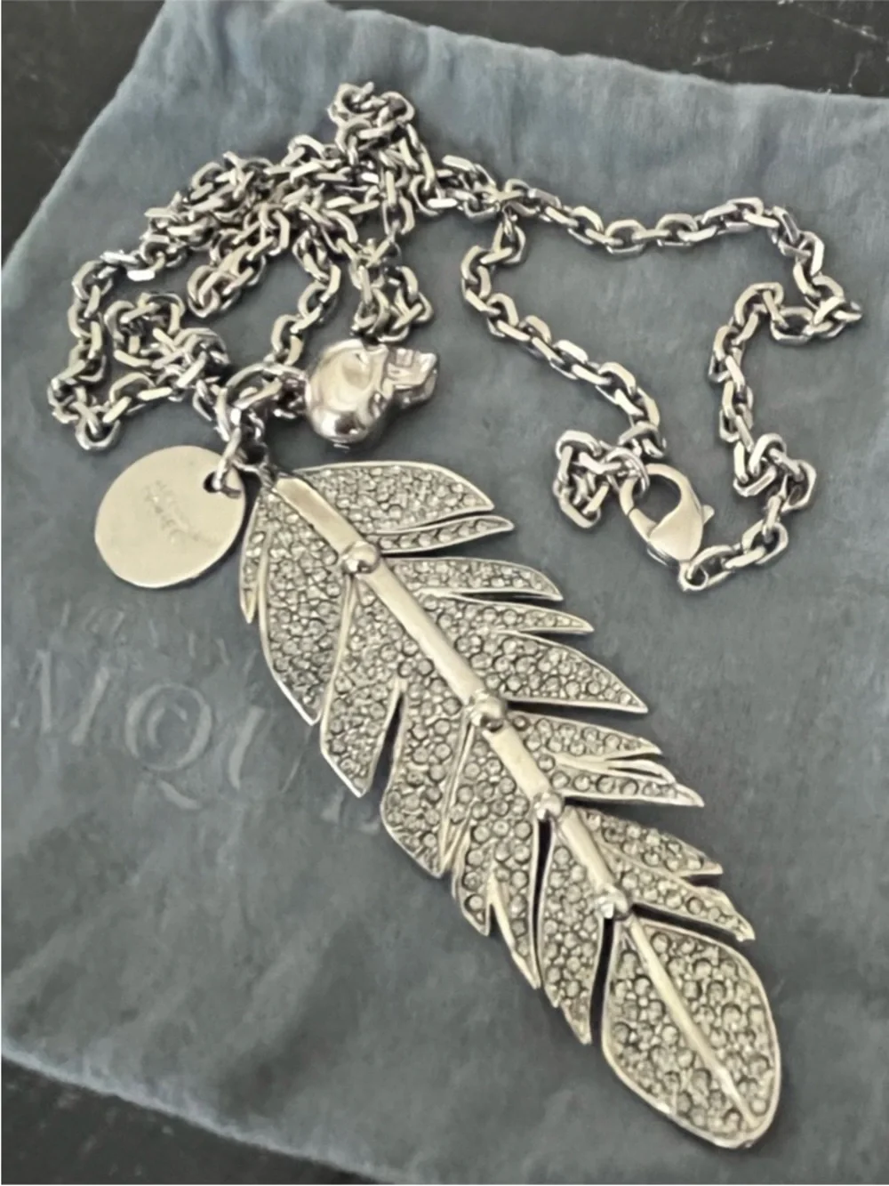 Alexander McQueen Antique Silver Pave Crystal Feather Necklace